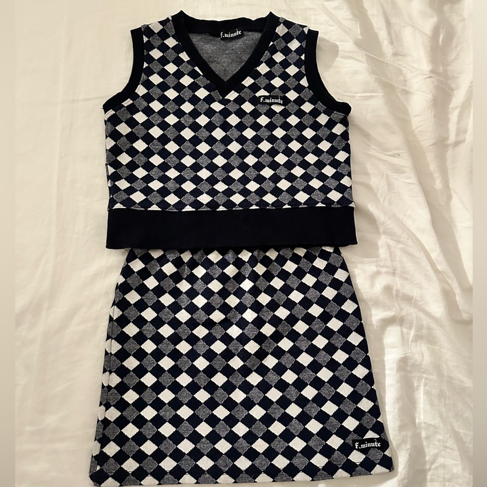 Navy and White Checkered Knit Set